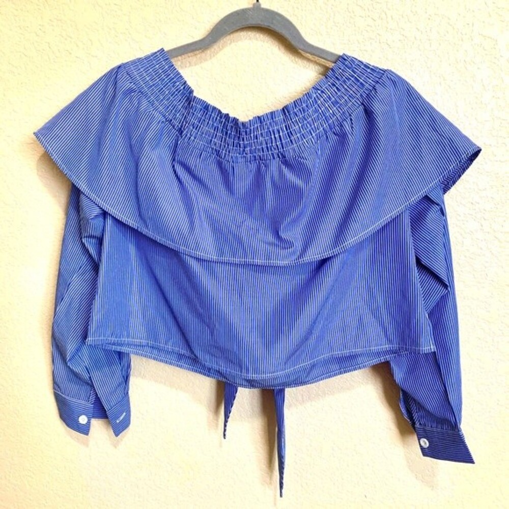 Boohoo top  Blue striped Bardot crop top cuffed sleeve size 8